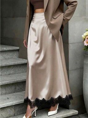 Elegant Satin Maxi Skirt with Lace Hem - Taupe